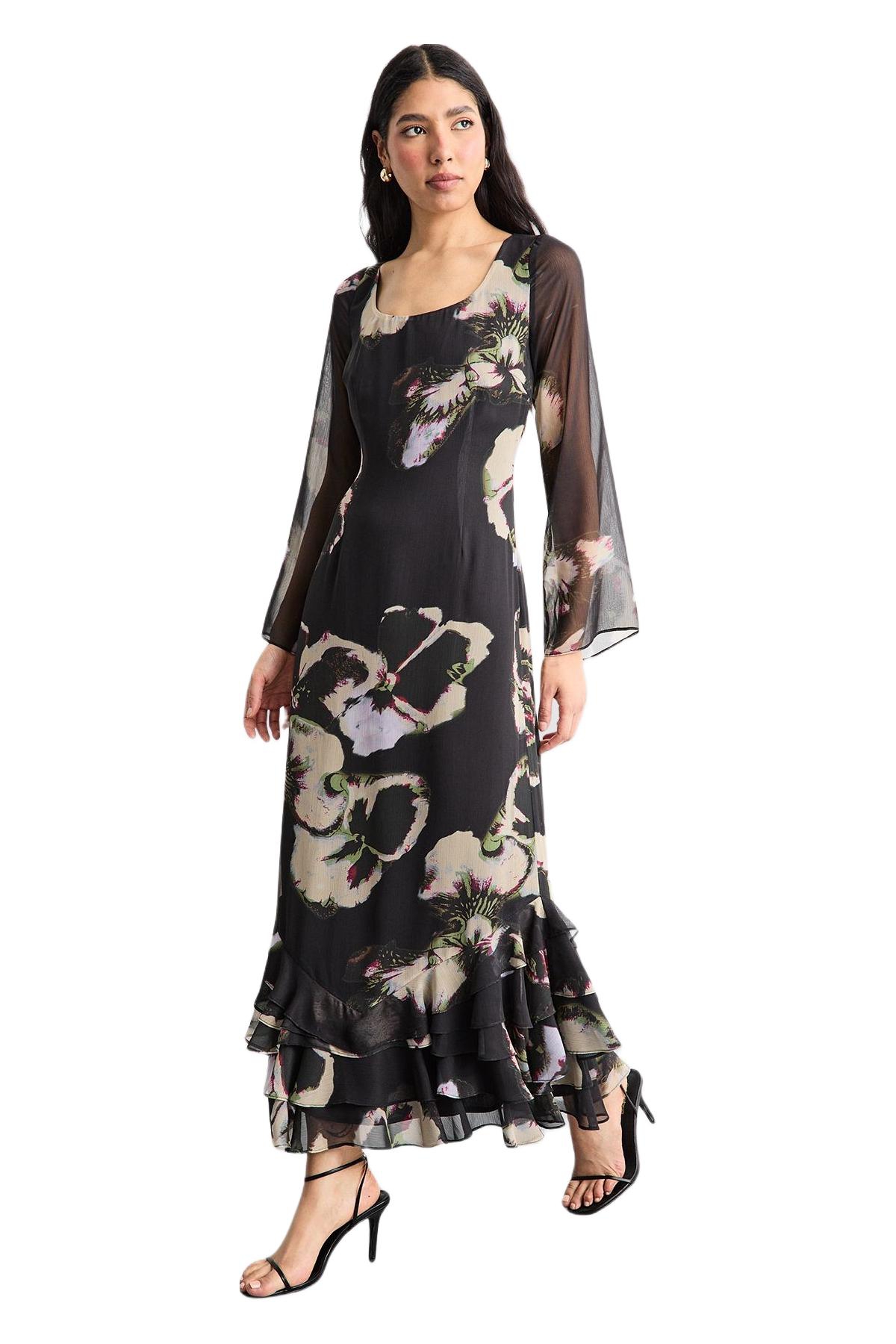Warehouse Women’s Printed Scoop Neck Ruffle Hem Midi Dress – Floral Warehouse Women’s Printed Scoop Neck Ruffle Hem Midi Dress – Floral