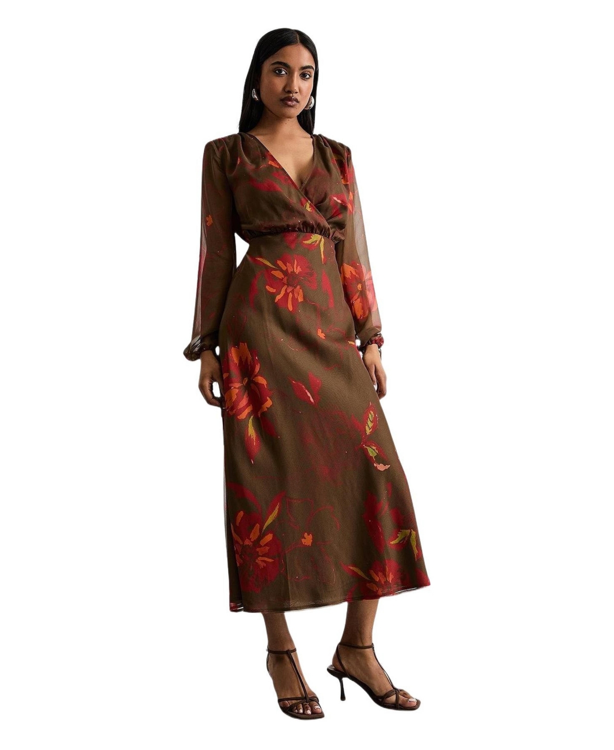 Warehouse Women’s Printed V Neck Tie Detail Midi Dress – Brown