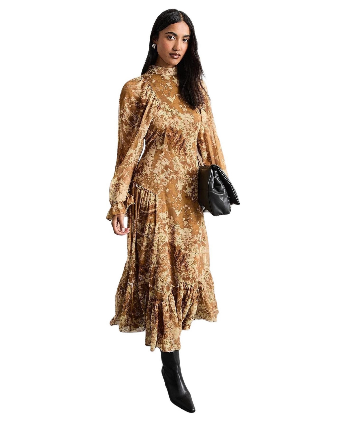 Warehouse Women’s Romantic Chiffon Sleeve Midaxi Dress – Neutral