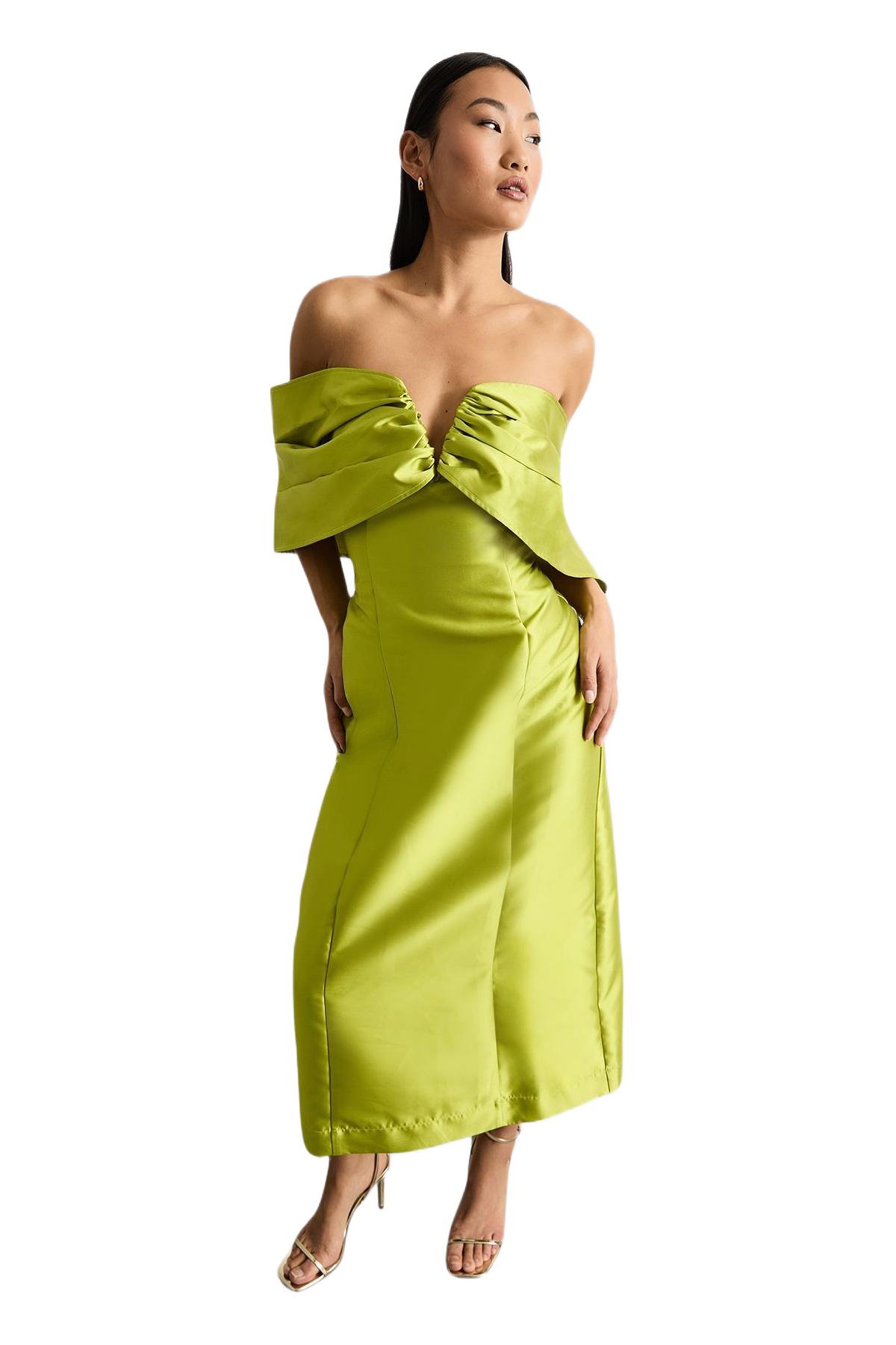 Warehouse Women’s Satin Twill Bardot Midi Dress – Chartreuse Warehouse Women’s Satin Twill Bardot Midi Dress – Chartreuse