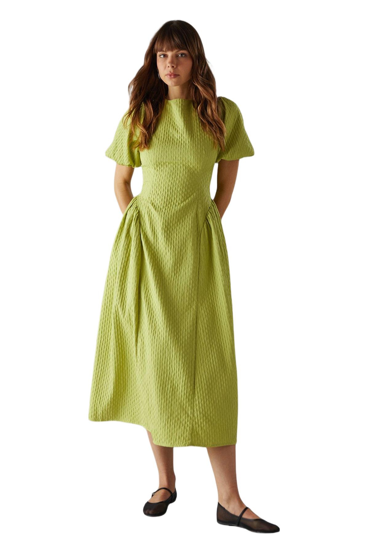 Warehouse Women’s Seersucker Puff Sleeve Midi Dress – Chartreuse