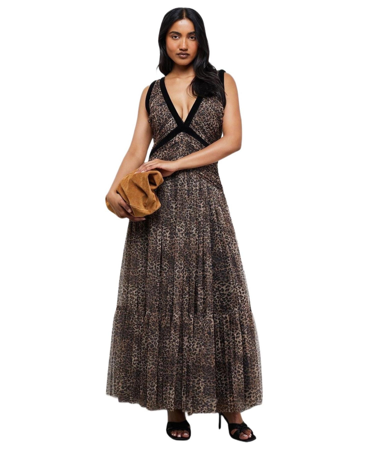 Warehouse Women’s Velvet Trim Leopard Tulle Maxi Dress – Animal