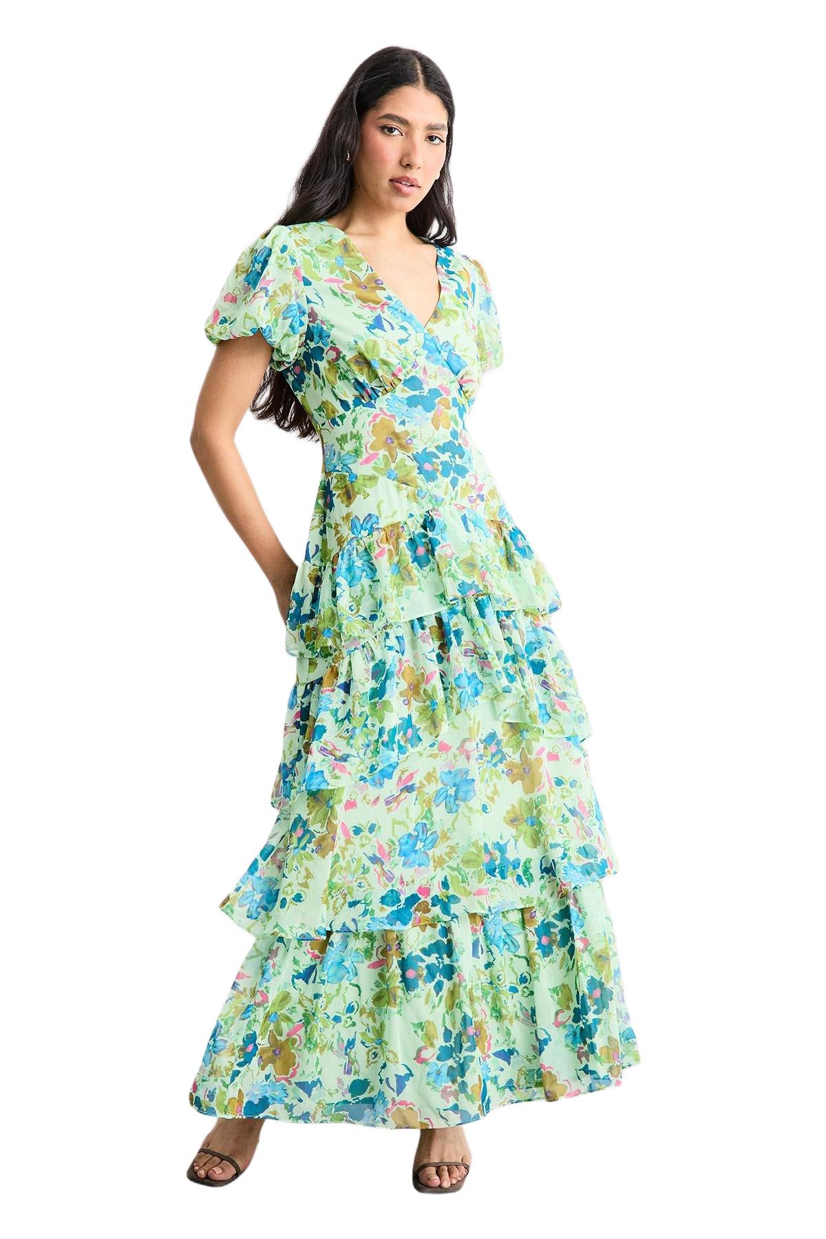 Warehouse Women’s Waist Puff Sleeve Tiered Midi Dress – Green
