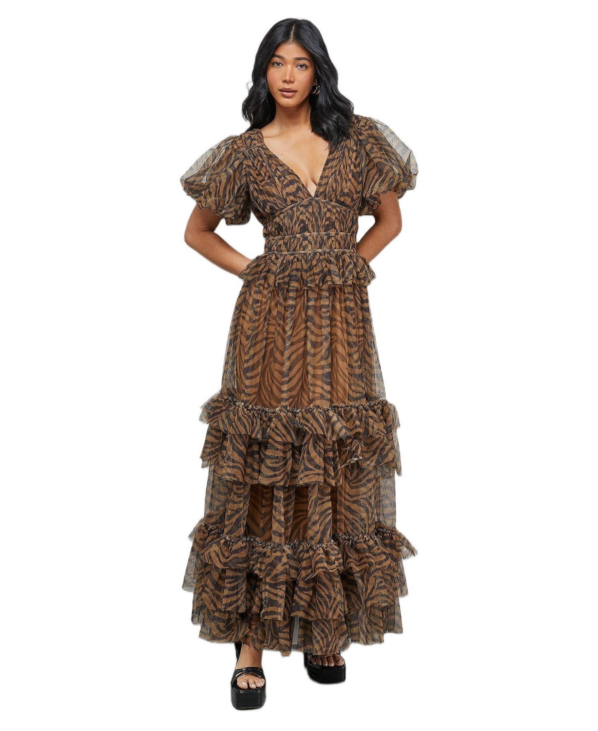 Warehouse Women’s Zebra Print Tulle Ruffle Maxi Dress – Animal Warehouse Women’s Zebra Print Tulle Ruffle Maxi Dress – Animal