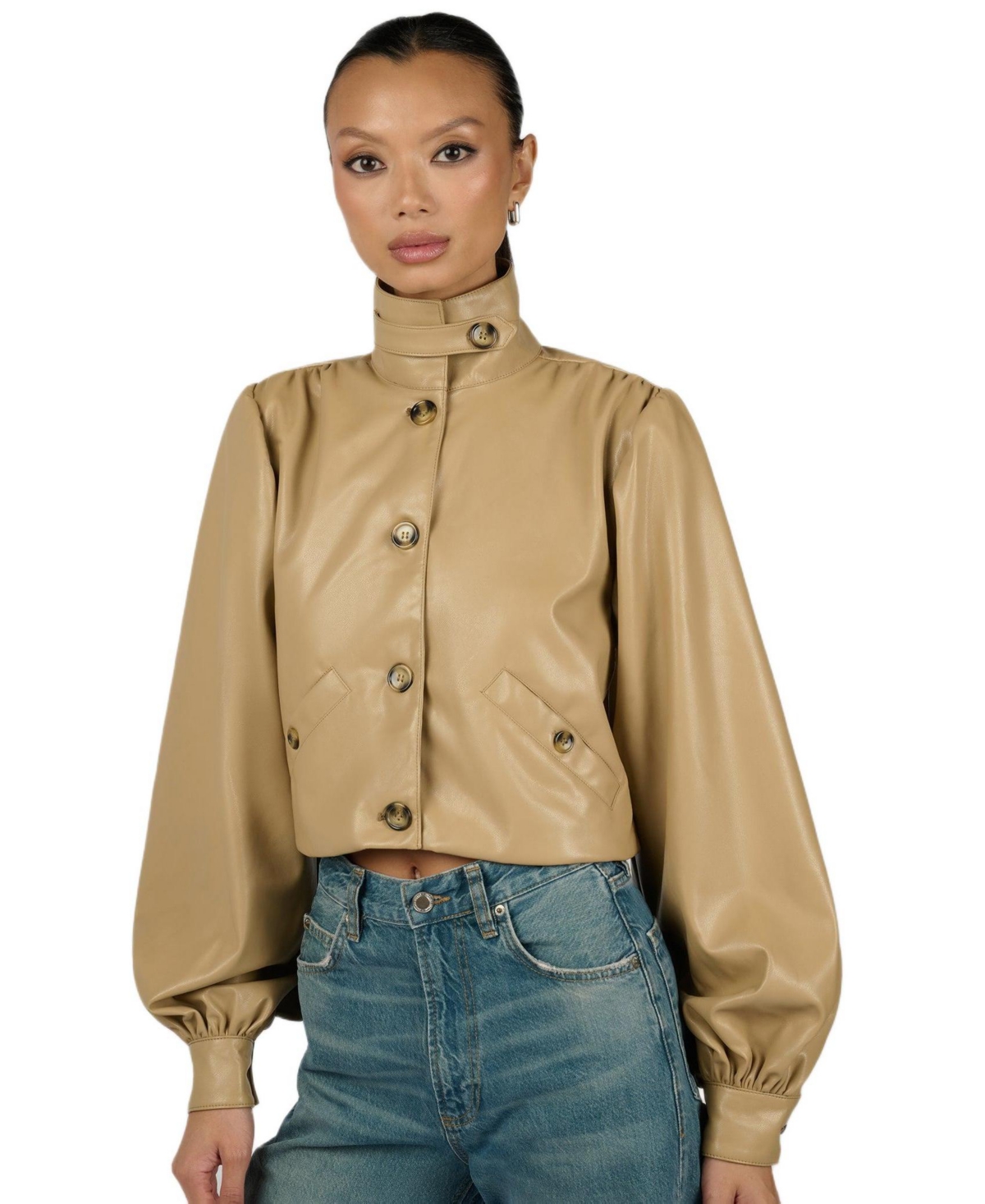 WeWoreWhat Women’s Cropped Mock Neck Balloon Sleeve Jacket – Taupe WeWoreWhat Women’s Cropped Mock Neck Balloon Sleeve Jacket – Taupe