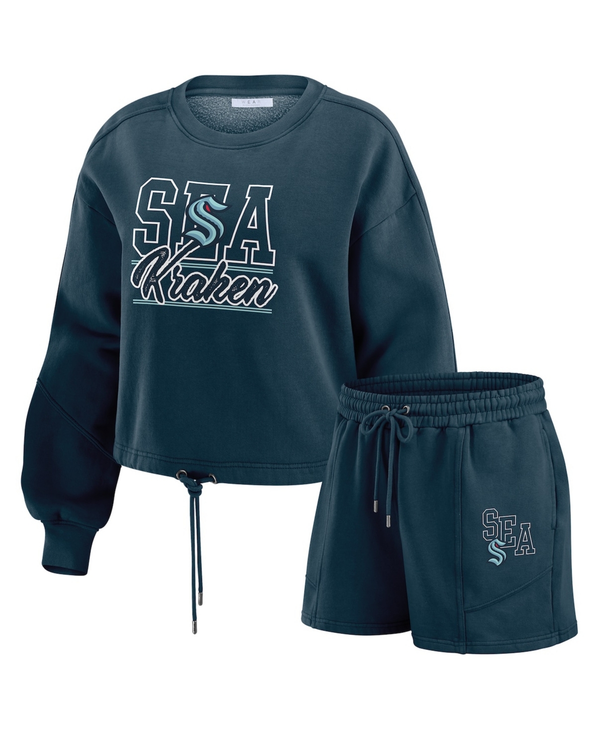 Wear by Erin Andrews Women’s 2-Piece Deep Sea Blue Seattle Kraken Washed Fleece Sweatshirt & Shorts Lounge Set – Navy