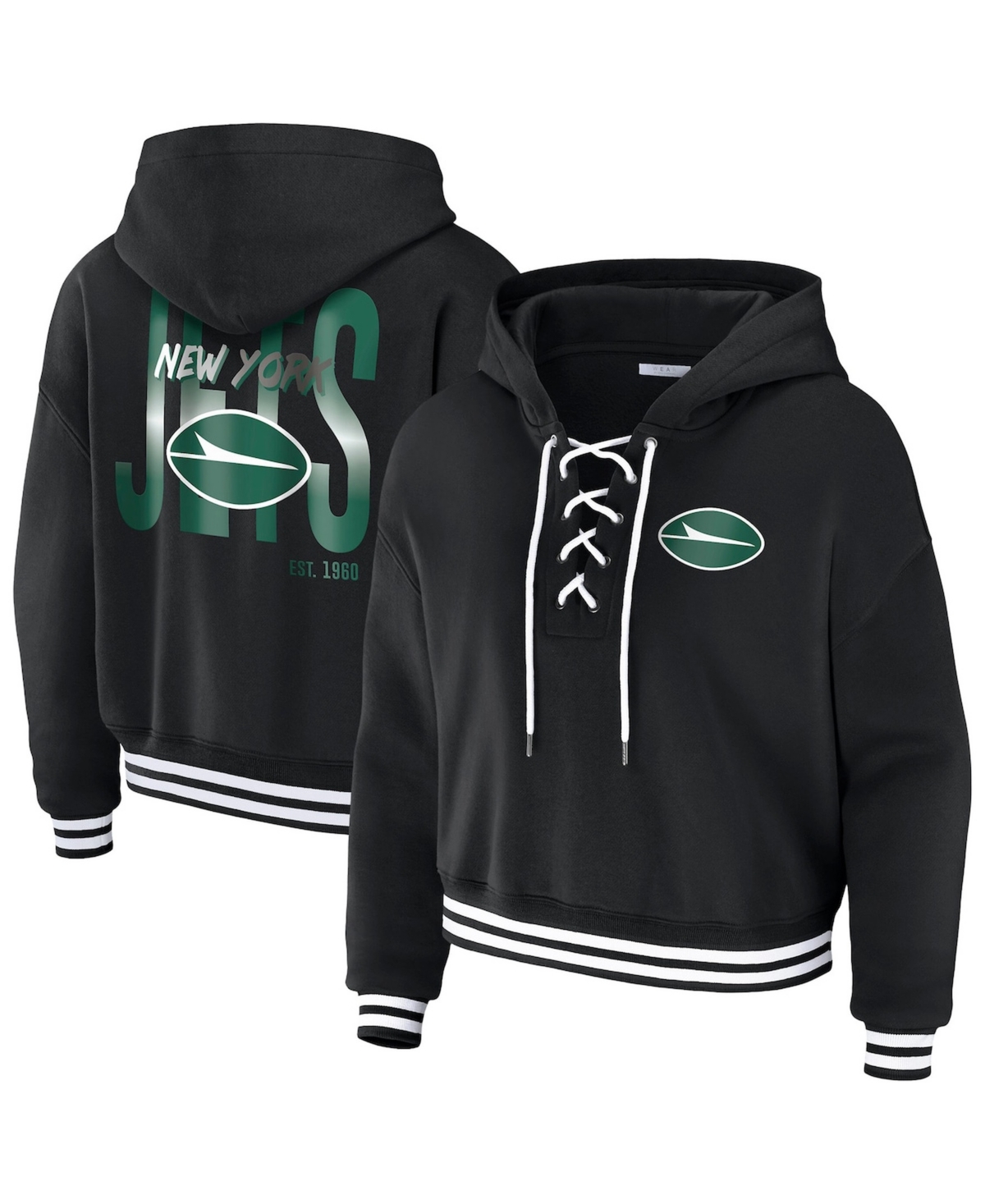 Wear by Erin Andrews Women’s Black New York Jets Lace-Up Fleece Hoodie – Black