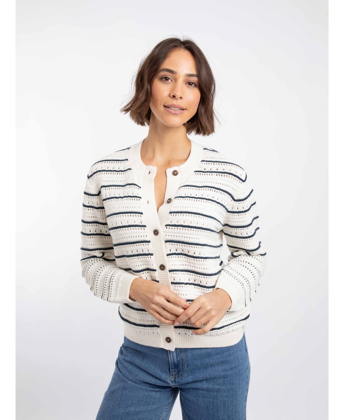 Weird Fish Women’s Romilly Pointelle-Knit Striped Cardigan – Light cream Weird Fish Women’s Romilly Pointelle-Knit Striped Cardigan – Light cream
