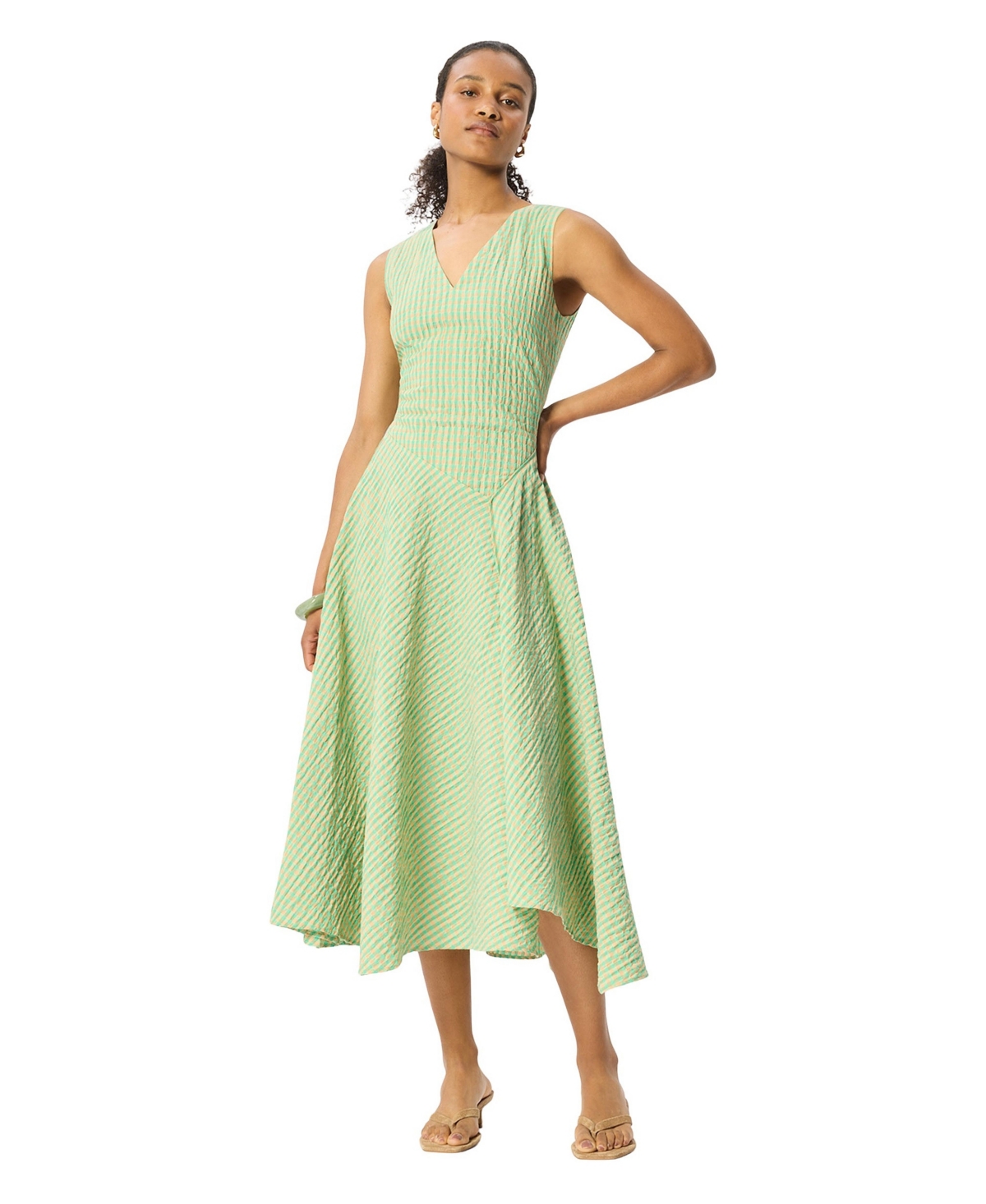 Whistles Women’s Checked V-Neck Asymmetric Dress – Green/multi