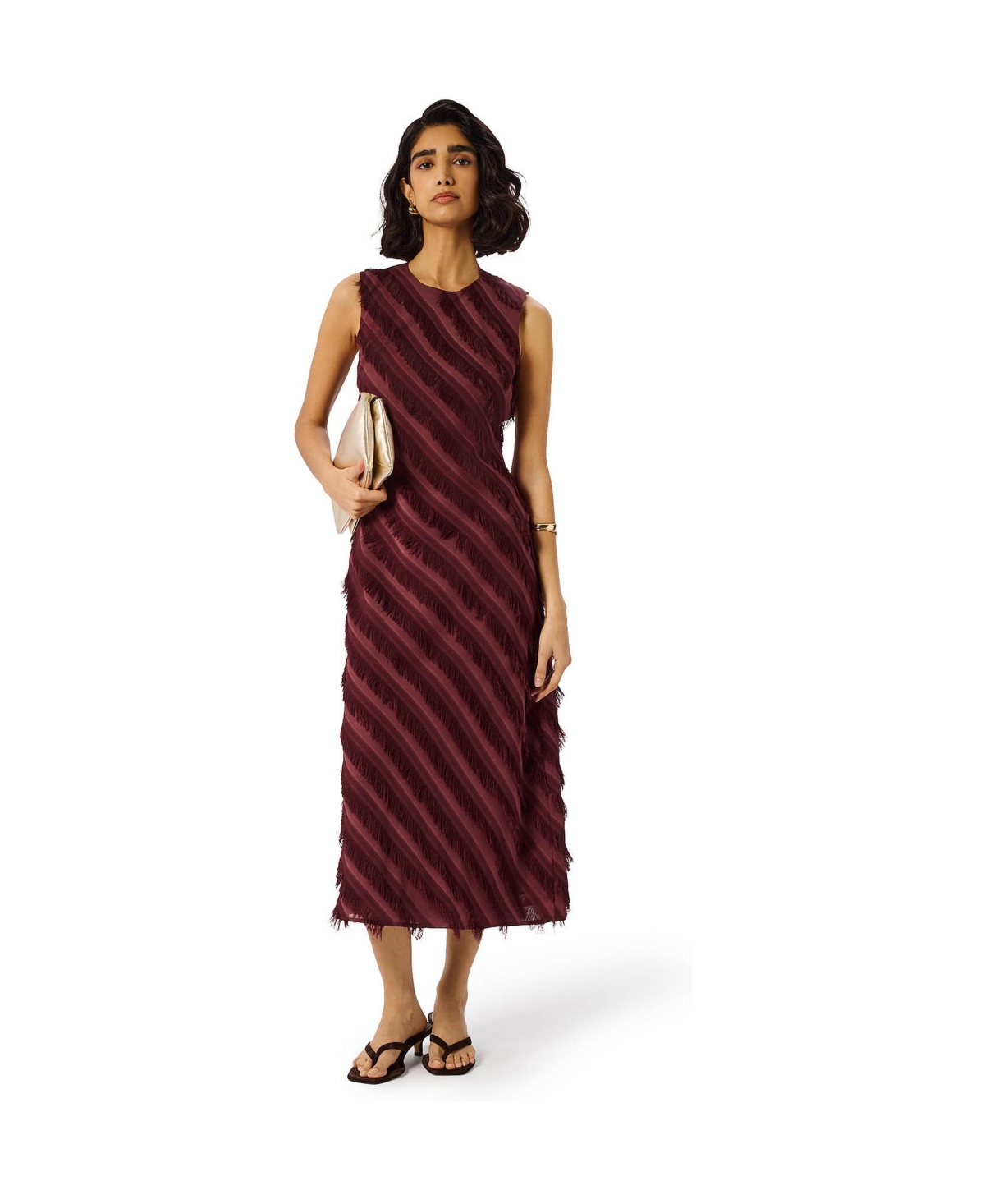 Whistles Women’s Fringe Textured Sleeveless Midi Dress – Brown Whistles Women’s Fringe Textured Sleeveless Midi Dress – Brown