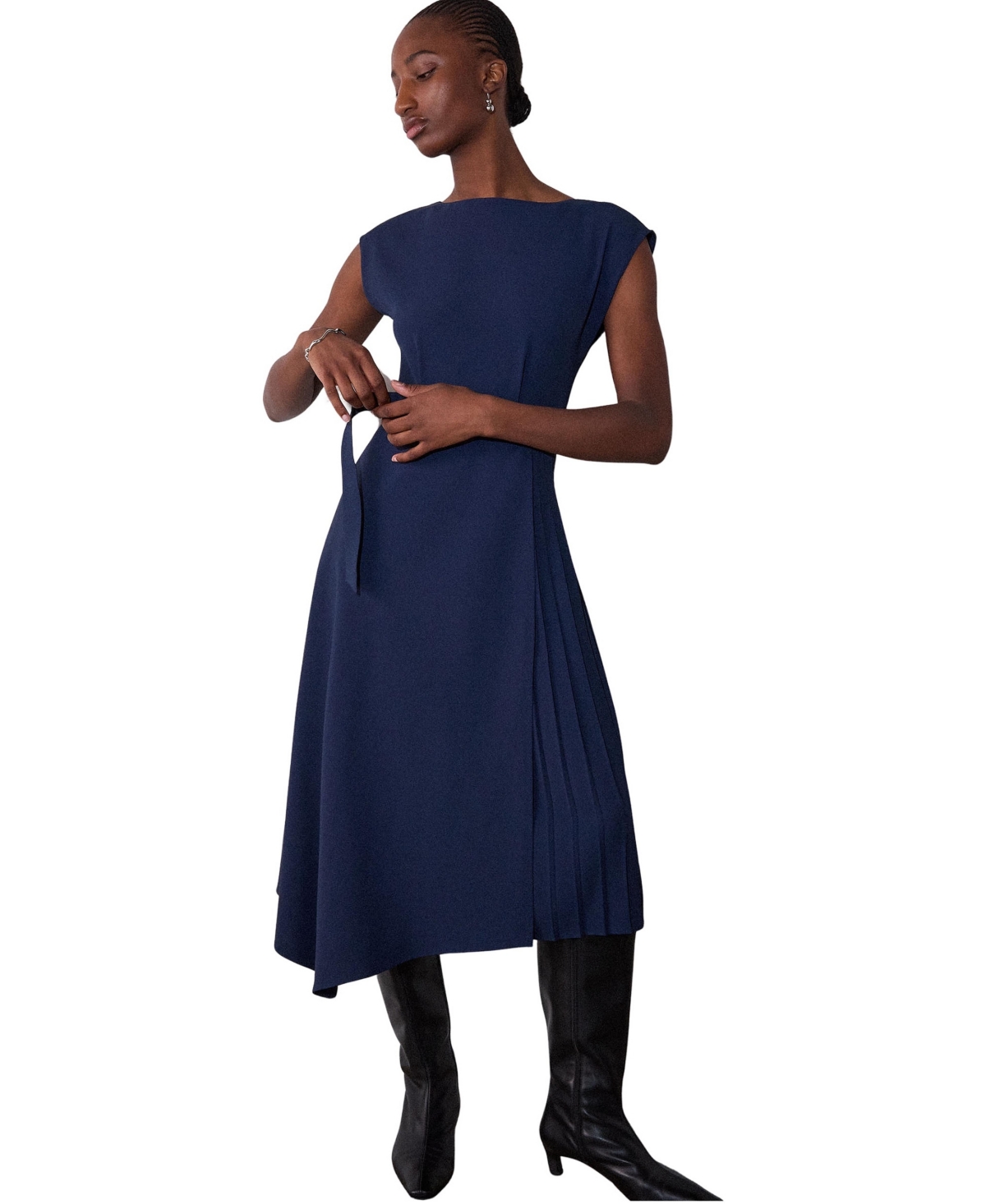 Whistles Women’s Pleat Detail Asymmetric Dress – Navy