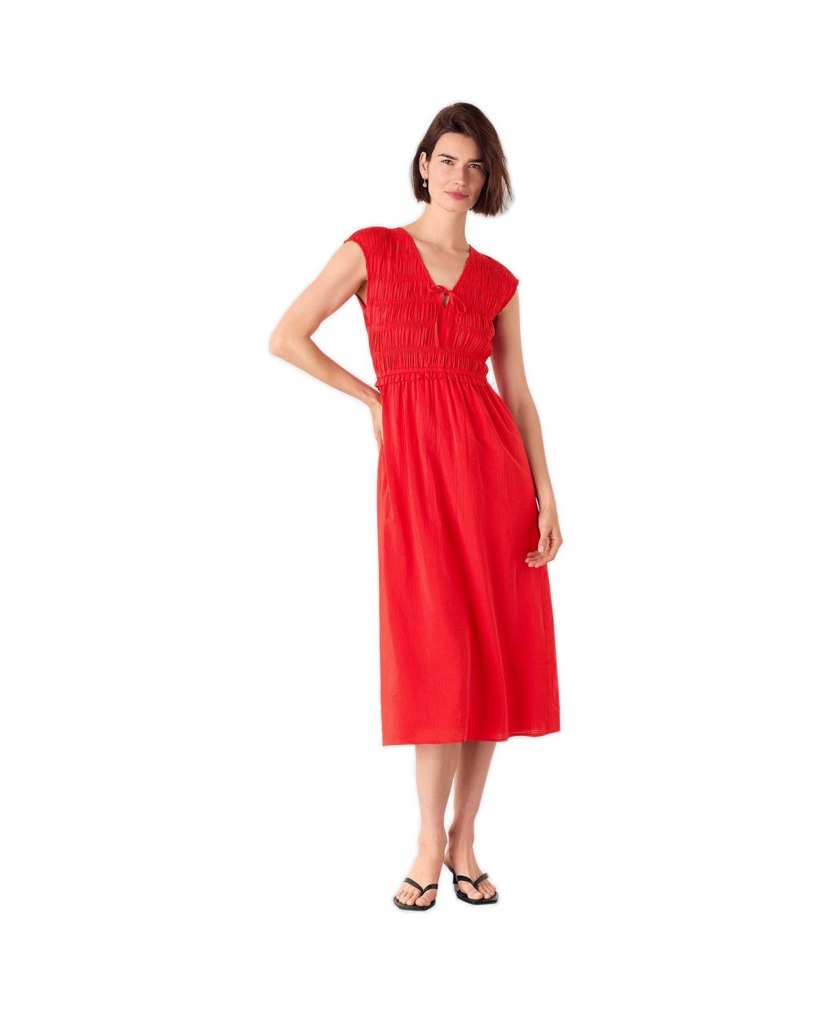 Whistles Women’s Shirred Bodice V-Neck Midi Dress – Red Whistles Women’s Shirred Bodice V-Neck Midi Dress – Red