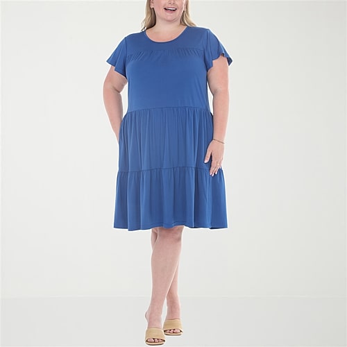 White Mark Flutter Womens Plus Scoop Neck Short Sleeve A-Line Dress, 1x, Blue White Mark Flutter Womens Plus Scoop Neck Short Sleeve A-Line Dress, 1x, Blue