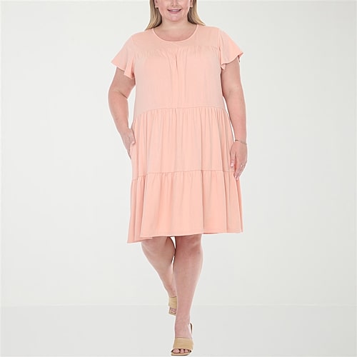 White Mark Flutter Womens Plus Scoop Neck Short Sleeve A-Line Dress, 1x, Pink