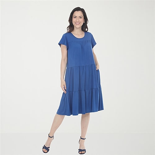 White Mark Ruffle Tiered Womens Scoop Neck Short Sleeve A-Line Dress, Medium, Blue