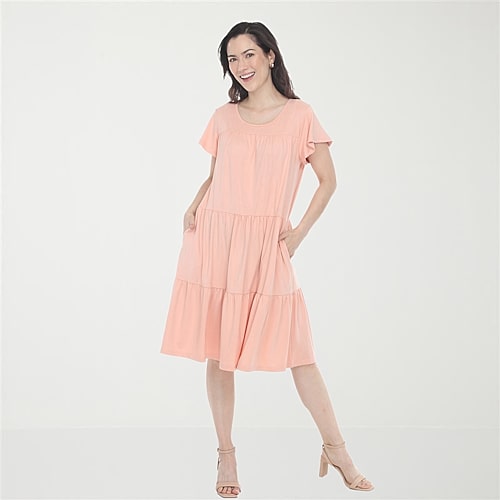 White Mark Ruffle Tiered Womens Scoop Neck Short Sleeve A-Line Dress, Medium, Pink