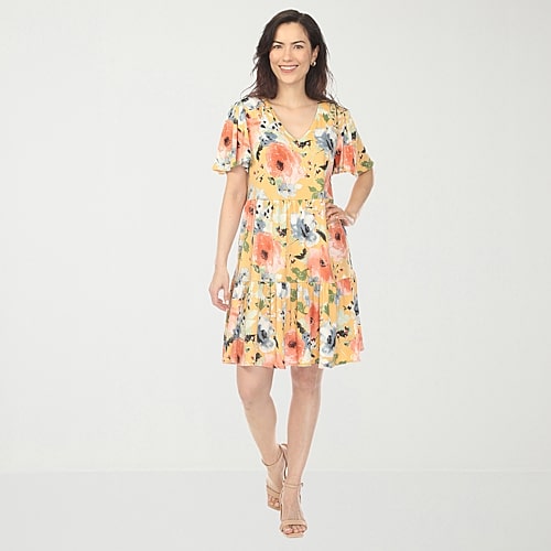 White Mark V-Neck Vintage Floral Womens V Neck Short Sleeve Floral A-Line Dress, Large, Yellow
