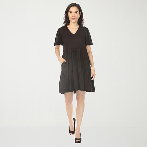 White Mark V-Neck Womens V Neck Short Sleeve A-Line Dress, Medium, Black