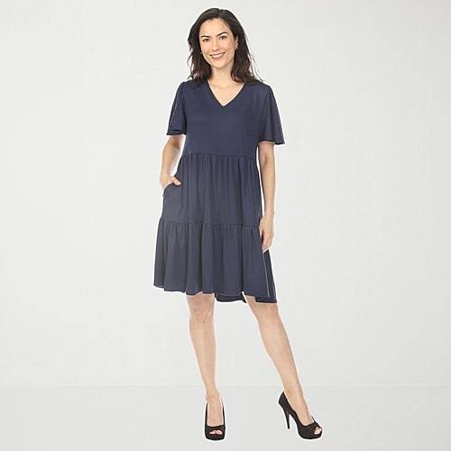 White Mark V-Neck Womens V Neck Short Sleeve A-Line Dress, Small, Blue