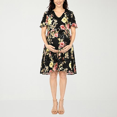 White Mark Womens Maternity V Neck Short Sleeve Floral A-Line Dress, Small, Black White Mark Womens Maternity V Neck Short Sleeve Floral A-Line Dress, Small, Black