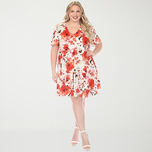 White Mark Womens Plus V Neck Short Sleeve Floral A-Line Dress, 1x, Red White Mark Womens Plus V Neck Short Sleeve Floral A-Line Dress, 1x, Red