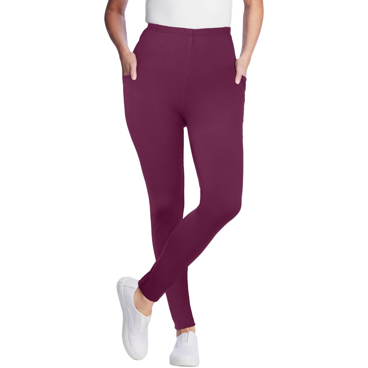 Woman Within Women’s Within Stretch-Cotton Knit Pull-On Pocket Leggings – Deep claret