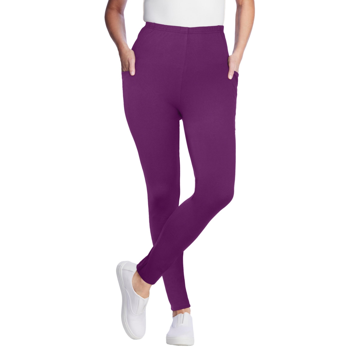 Woman Within Women’s Within Stretch-Cotton Knit Pull-On Pocket Leggings – Plum purple