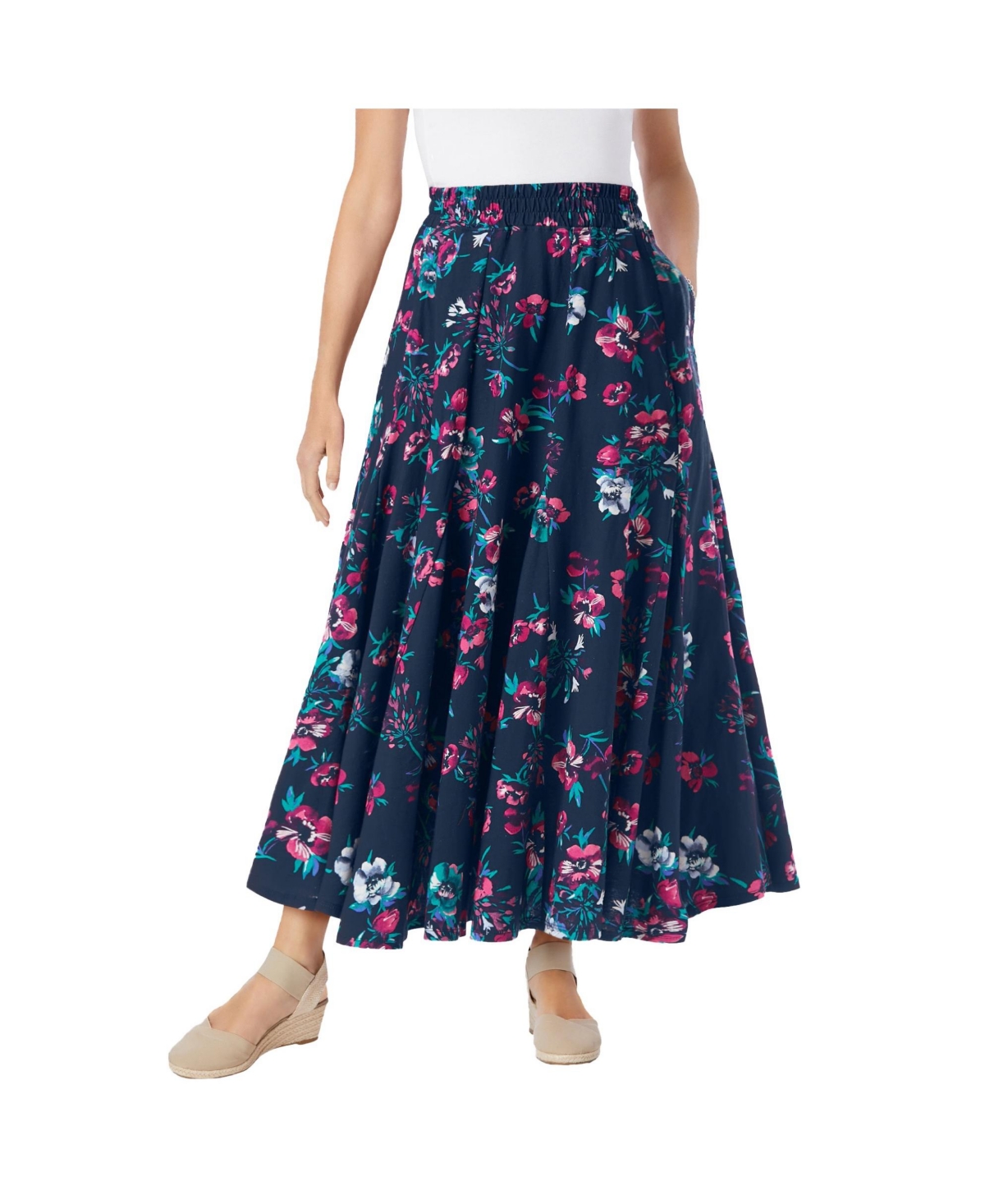 Woman Within Women’s Within Wide Elastic Waist Skirt – Navy painterly floral Woman Within Women’s Within Wide Elastic Waist Skirt – Navy painterly floral