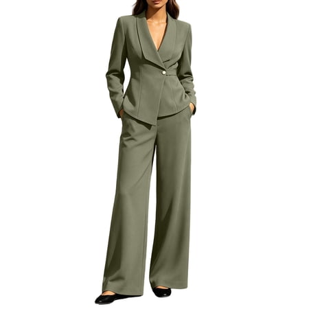 Women Solid Business Suit 2 Piece Set Lapel V Neck Single Button Fitted Blazer Pantsuits High Waist Wide Leg Straight Pants Elegant Formal Outfit Professional Office Work Sets Women Solid Business Suit 2 Piece Set Lapel V Neck Single Button Fitted Blazer Pantsuits High Waist Wide Leg Straight Pants Elegant Formal Outfit Professional Office Work Sets