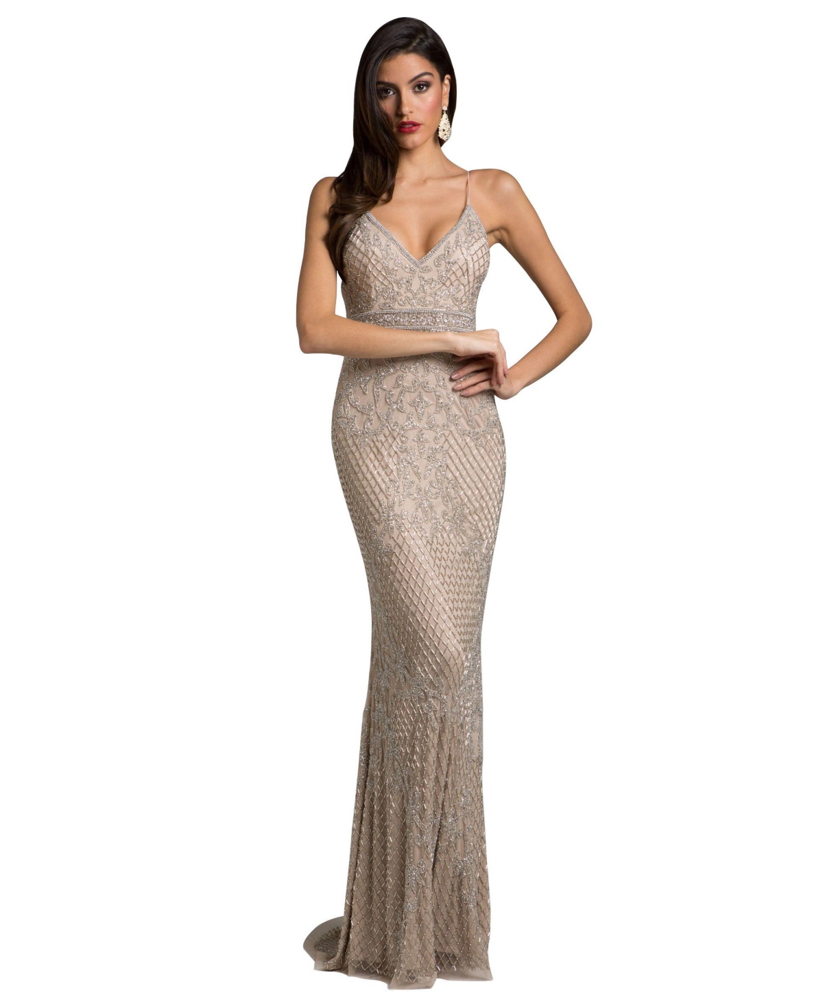 Women’s Body Con V-neck Beaded Dress – Nude/silver Women’s Body Con V-neck Beaded Dress – Nude/silver