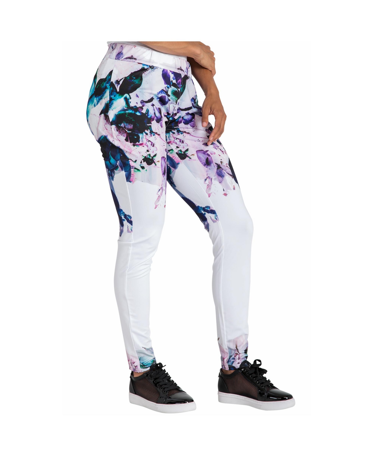 Women’s Curvy Fit Active Floral Print Poly Tricot Legging – White floral