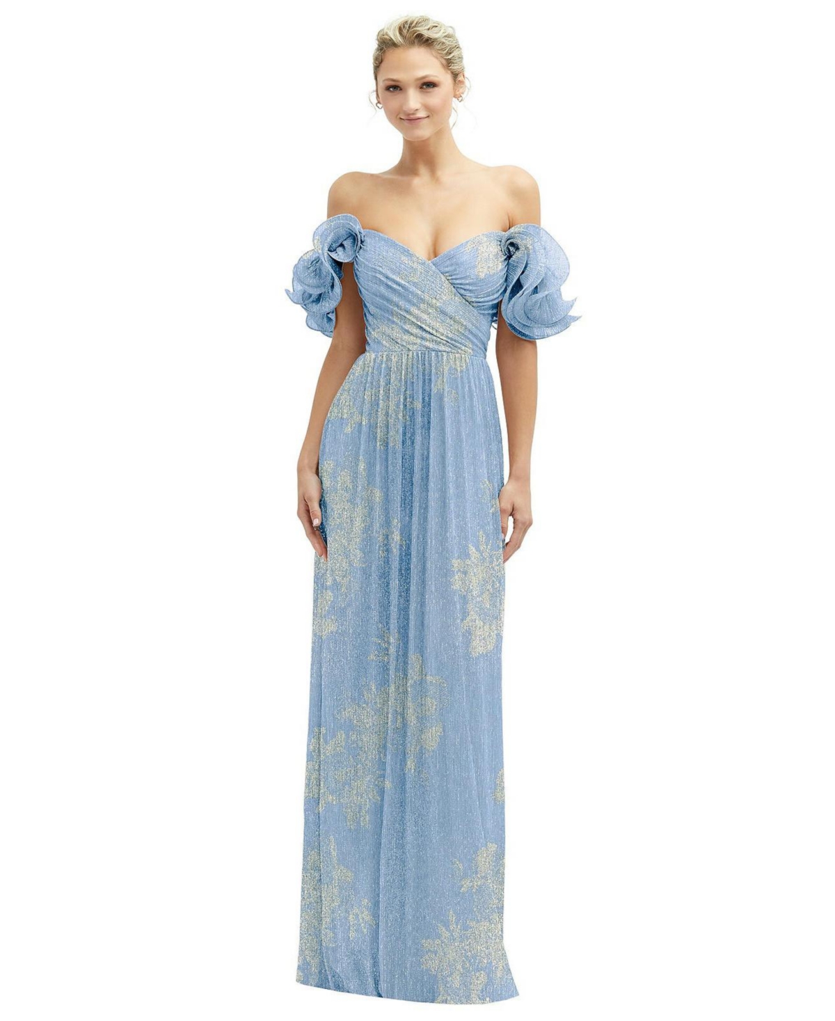 Womens Dramatic Ruffle Edge Convertible Strap Metallic Pleated Maxi Dress with Floral Gold Foil Print – Larkspur gold foil