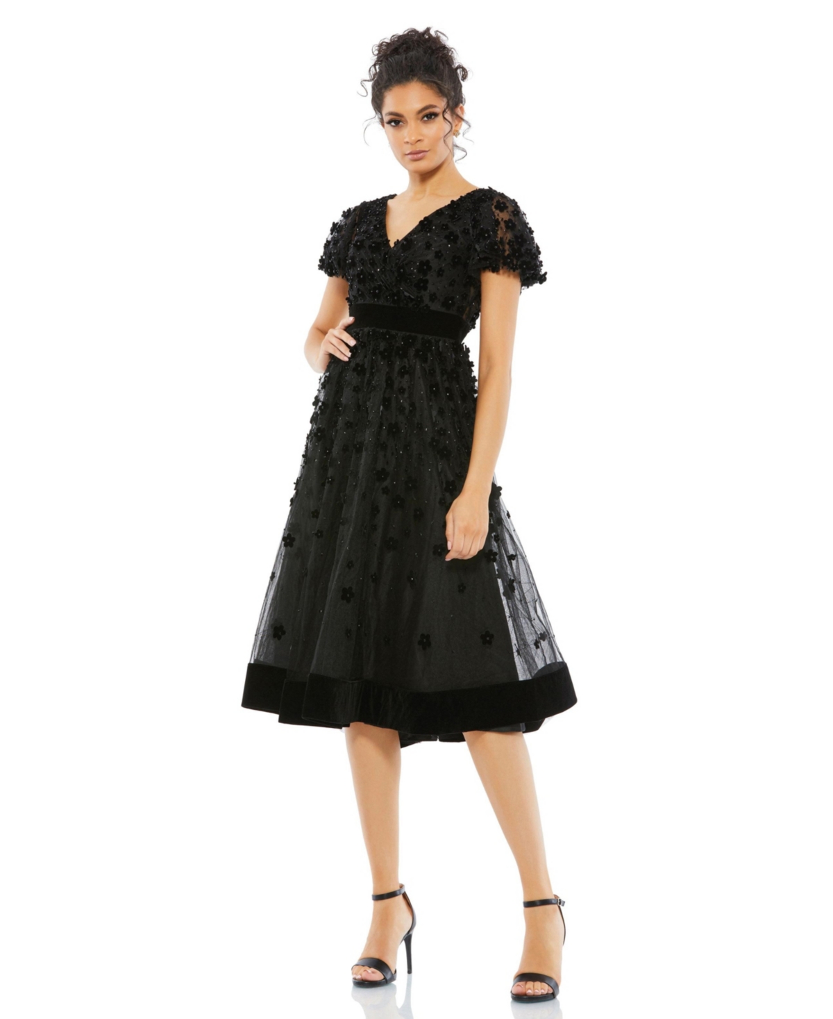 Women’s Embellished Butterfly Sleeve Velvet Hem Midi Dress – Black