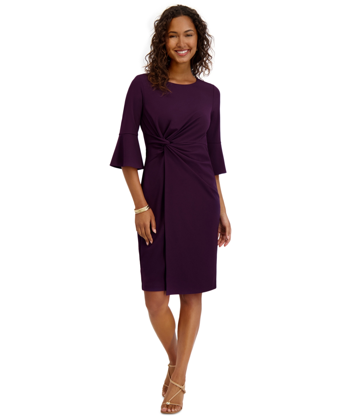 Women’s Twist-Front Sheath Dress with Bell Sleeves – Eggplant