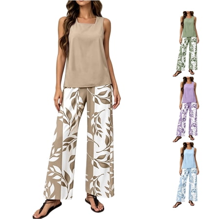 XFeng Women s Summer Floral Two Piece Outfit Strapless Tiered Tanks and Casual Wide Leg Pants Beach Vacation Sets Pantsuit XFeng Women s Summer Floral Two Piece Outfit Strapless Tiered Tanks and Casual Wide Leg Pants Beach Vacation Sets Pantsuit