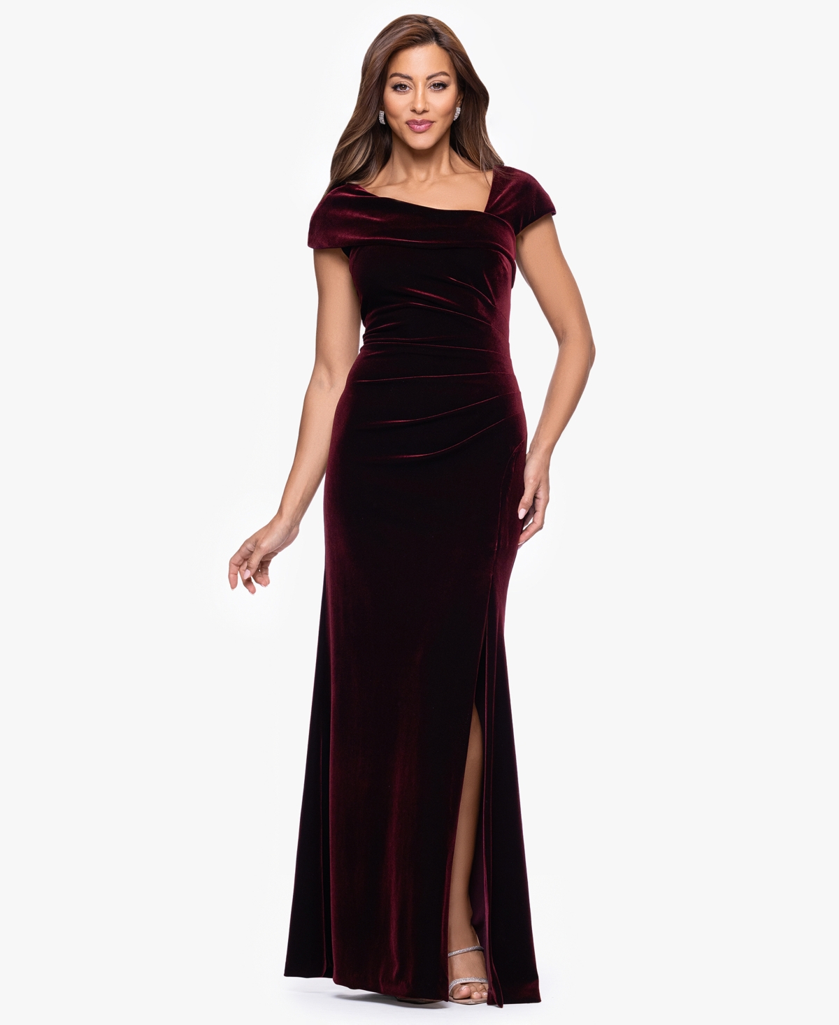 Xscape Women’s Asymmetrical Neck Cap Sleeve Velvet Dress – Burgundy Xscape Women’s Asymmetrical Neck Cap Sleeve Velvet Dress – Burgundy