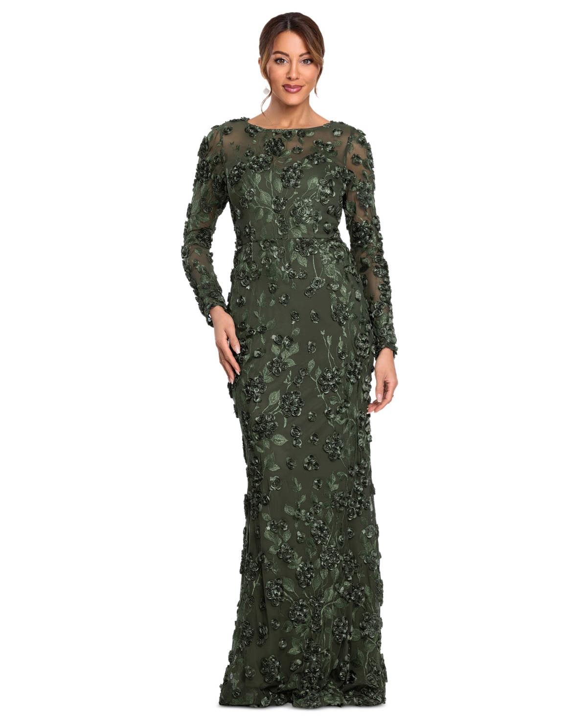 Xscape Women’s Long Sleeve Rose Flower Dress – Olive