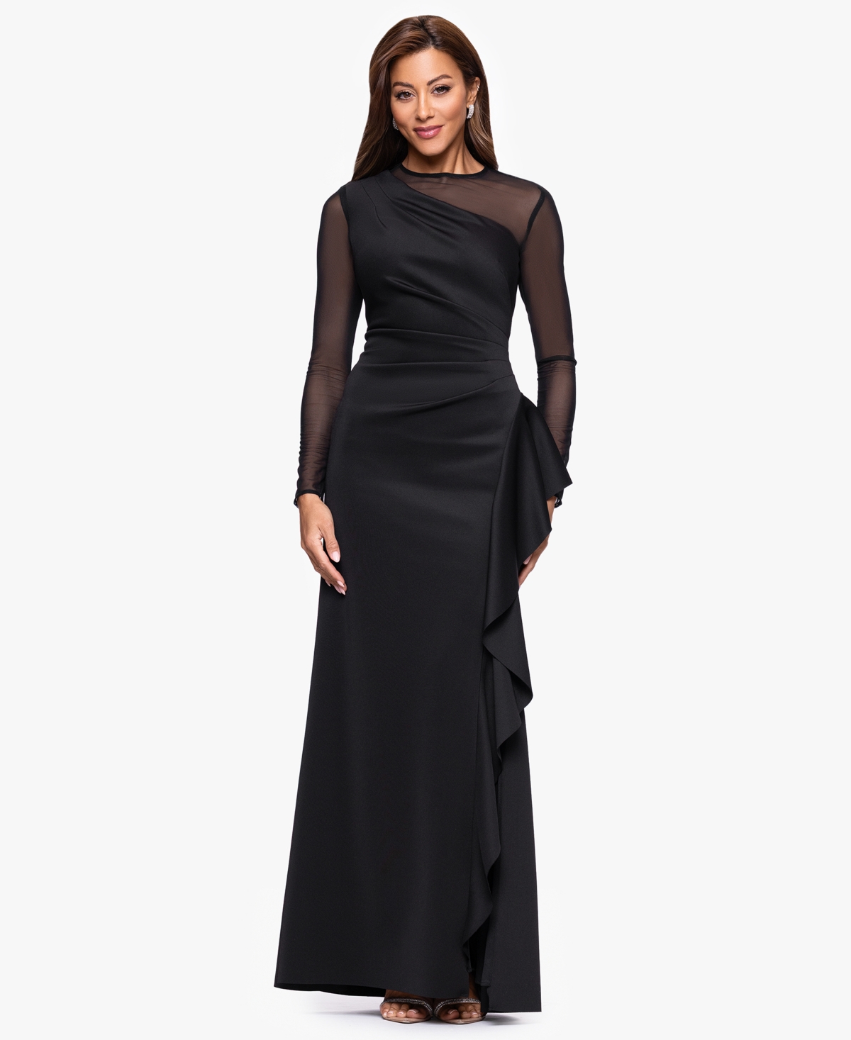 Xscape Women’s Long Sleeve Scuba Power Mesh Dress – Black