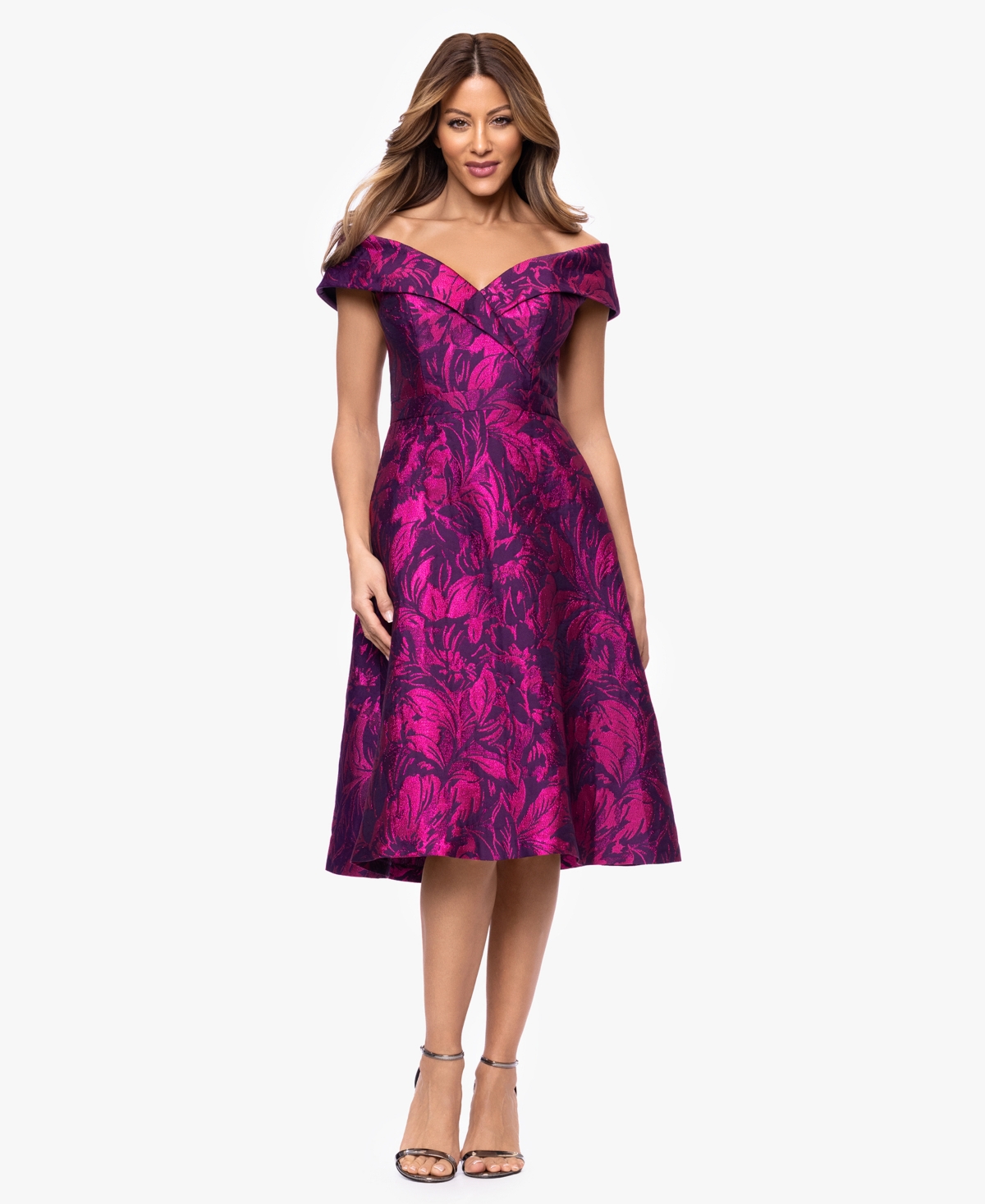 Xscape Women’s Off-The-Shoulder Neck Midi Dress – Fuschia Multi Xscape Women’s Off-The-Shoulder Neck Midi Dress – Fuschia Multi