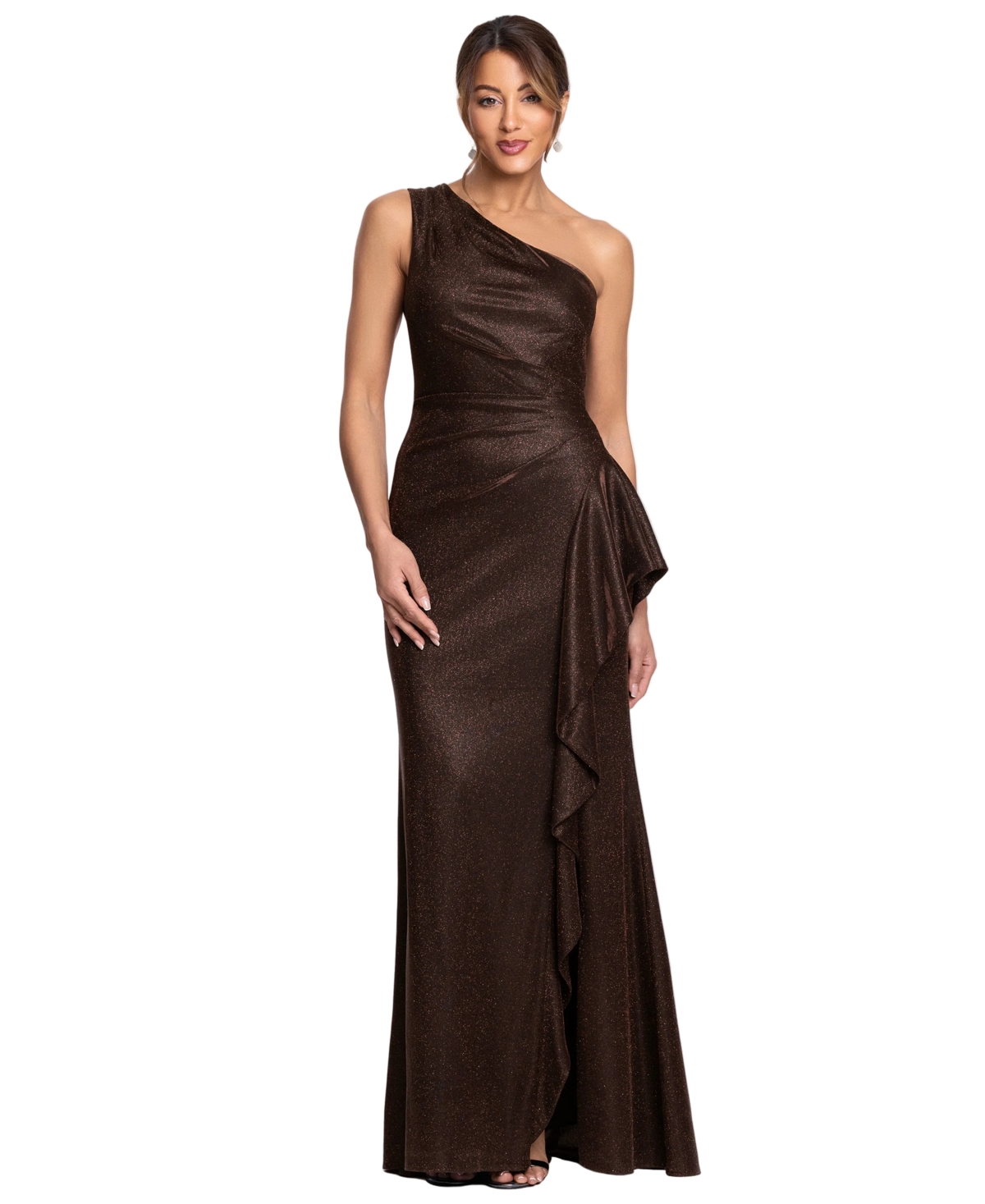 Xscape Women’s One-Shoulder Glitter Long Dress – BROWN
