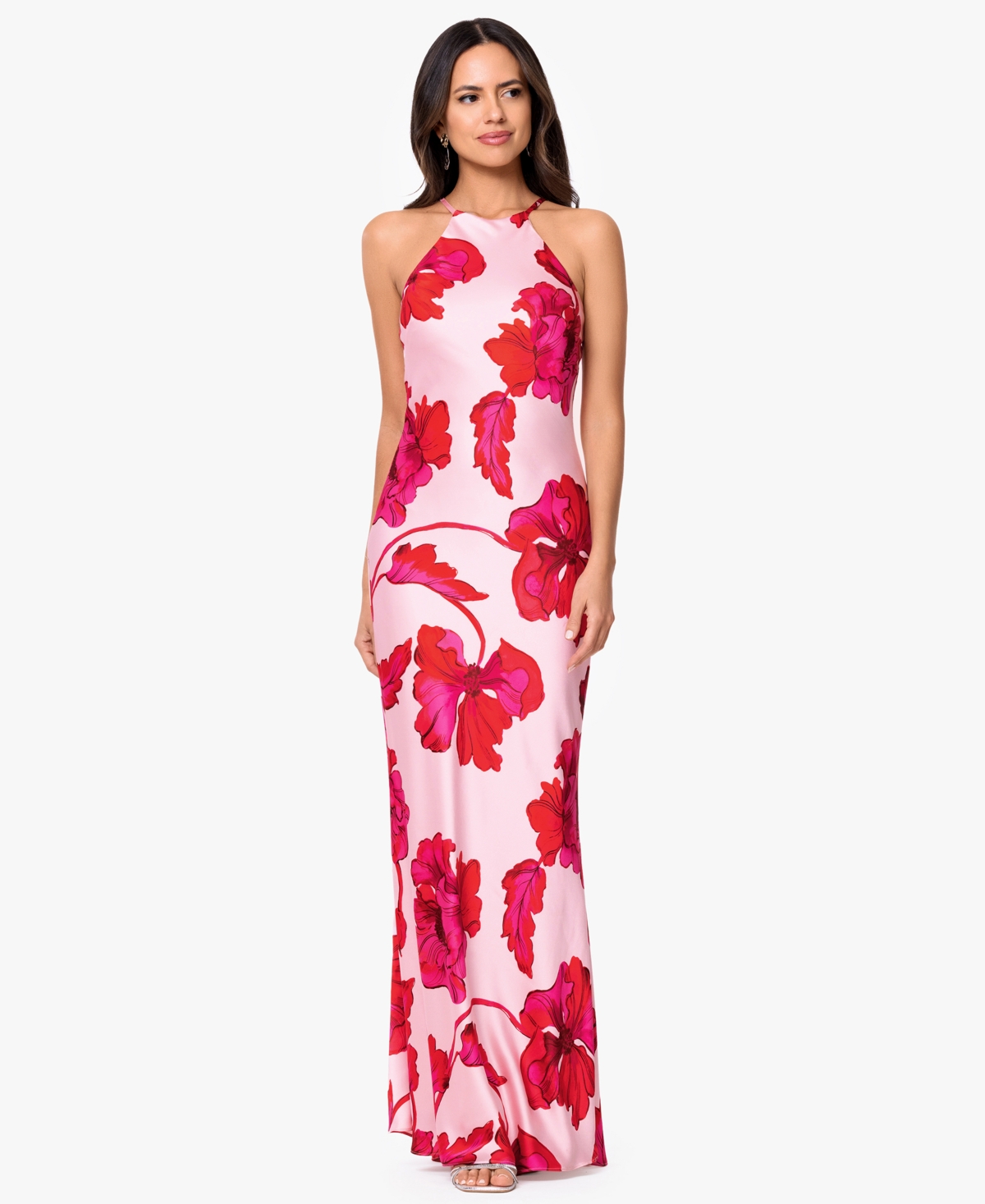 Xscape Women’s Sleeveless Halter Neck Printed Long Dress – RED PINK Xscape Women’s Sleeveless Halter Neck Printed Long Dress – RED PINK