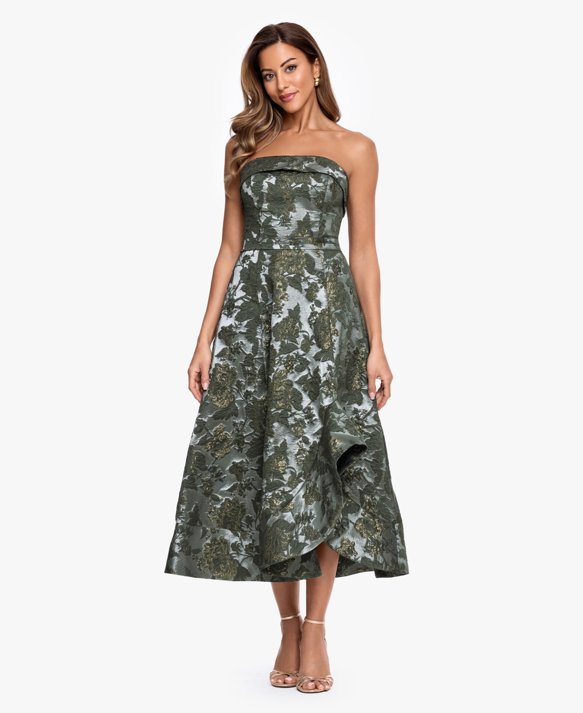 Xscape Women’s Strapless Brocade Asymmetrical Hem Midi Dress – Olive Gold Xscape Women’s Strapless Brocade Asymmetrical Hem Midi Dress – Olive Gold