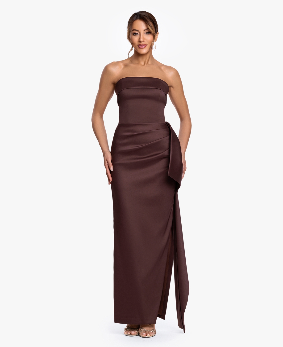 Xscape Women’s Strapless Ruffle Long Dress – Chocolate