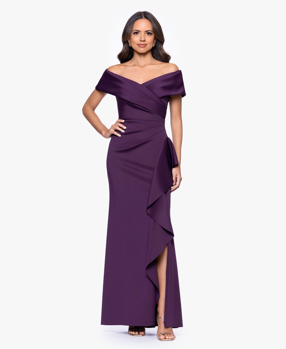 Xscape Women’s Sweetheart Neck Side Ruffle Off-The-Shoulder Long Dress – Plum