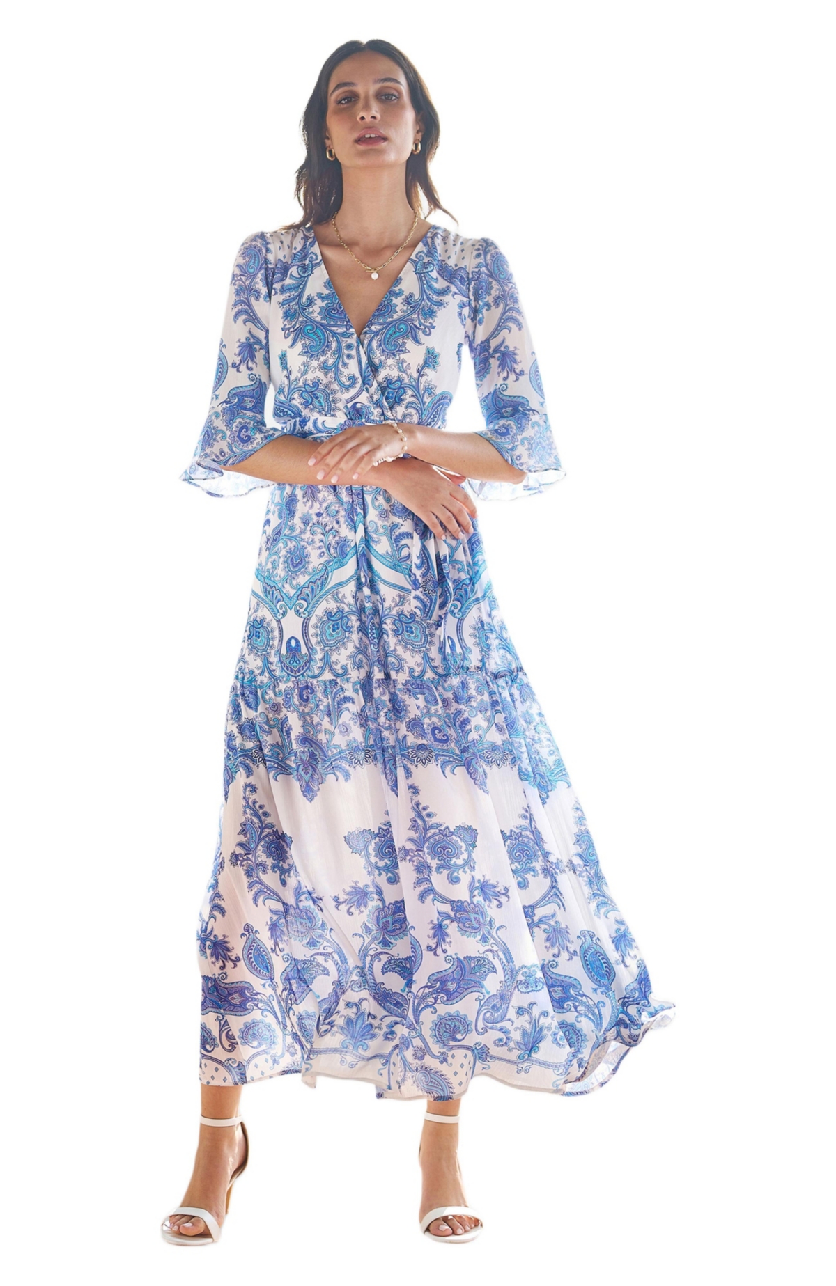 Yumi Women’s 3/4 Sleeves Paisley Wrap Midi Dress – Blue Yumi Women’s 3/4 Sleeves Paisley Wrap Midi Dress – Blue