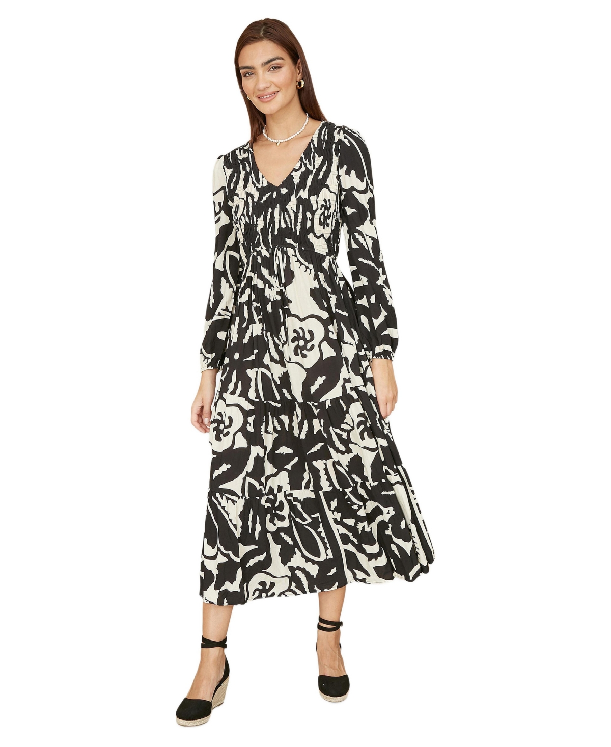 Yumi Women’s Abstract Print Ruched V-Neck Midi Dress – Black Yumi Women’s Abstract Print Ruched V-Neck Midi Dress – Black