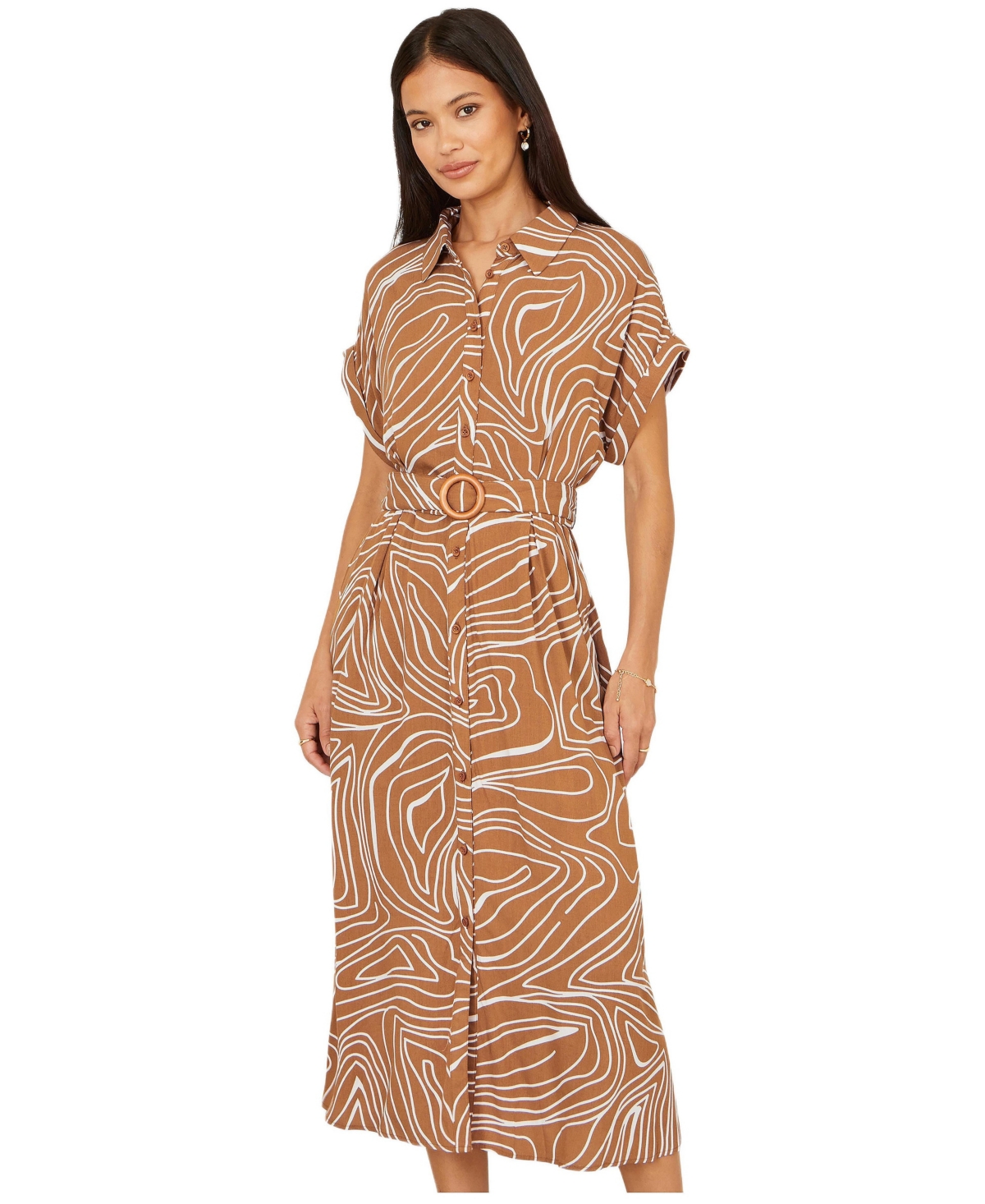 Yumi Women’s Abstract Swirl Print Relaxed Midi Dress – Brown Yumi Women’s Abstract Swirl Print Relaxed Midi Dress – Brown