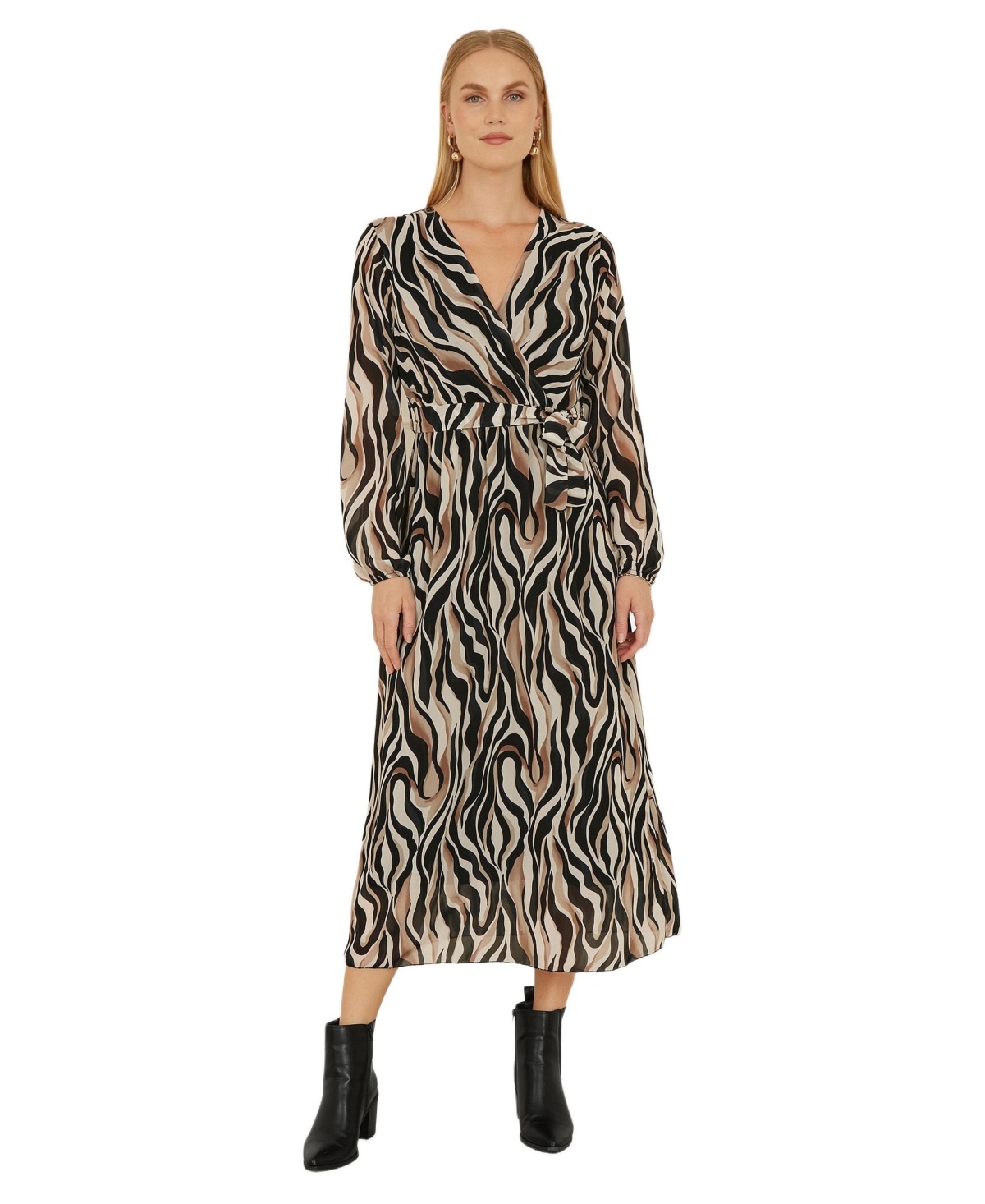 Yumi Women’s Animal Swirl Midi Wrap Dress – Black Yumi Women’s Animal Swirl Midi Wrap Dress – Black