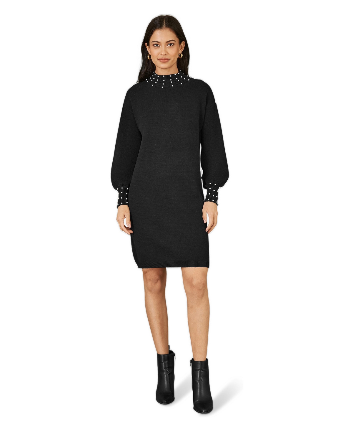Yumi Women’s Bead Detail Knitted Sweater Dress – Black