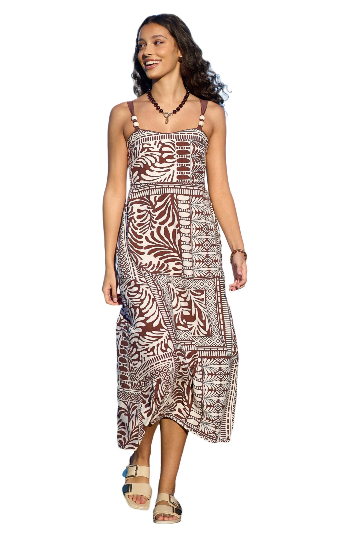 Yumi Women’s Beaded Print Midi Dress – Brown Yumi Women’s Beaded Print Midi Dress – Brown